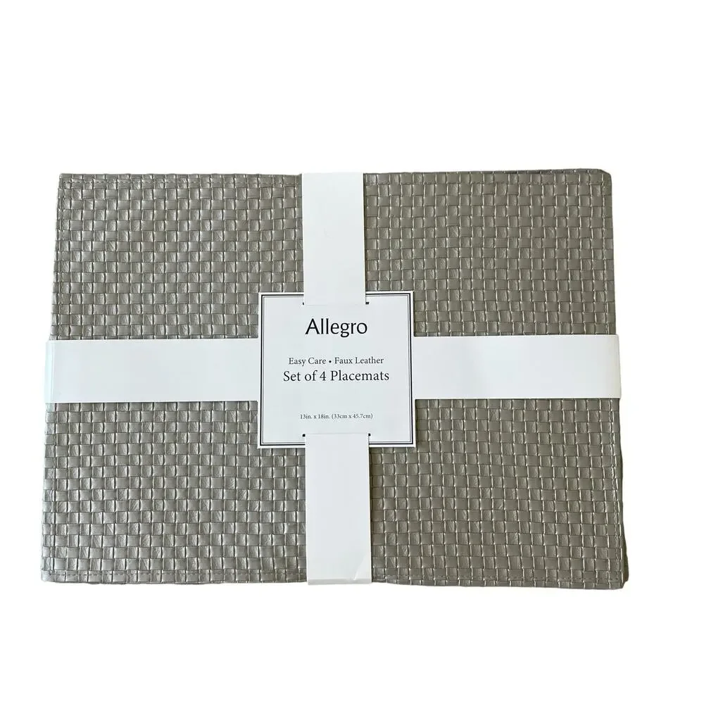 Allegro Metallic Silver Faux Leather Placemats 13x18 Set of 4 Holiday Glam NEW